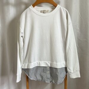 LOFT lightweight sweatshirt with faux strip shirt layering. Quiet Luxury Leisure